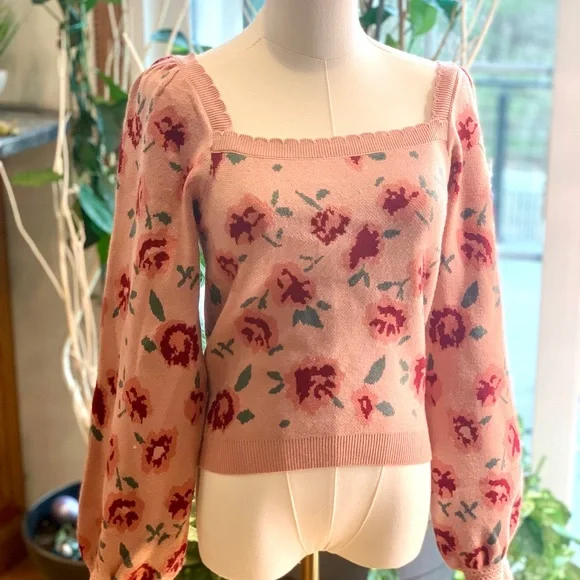 Floral Print Puff Sleeve Sweater - Picture 2 of 4